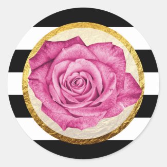 Modern Pink Rose Faux Gold Foil Striped Wedding Classic Round Sticker