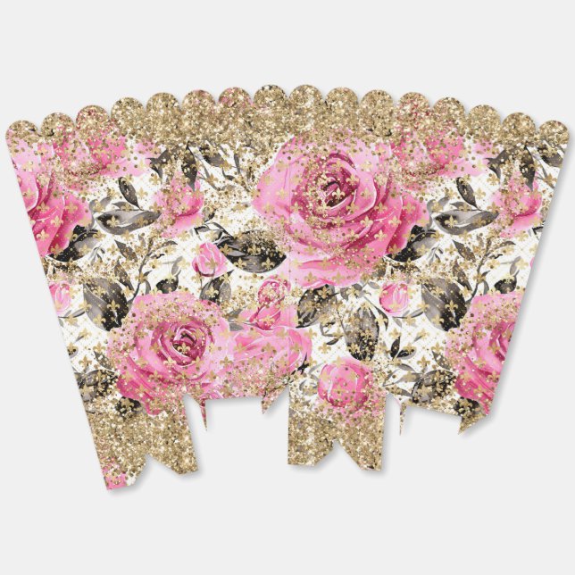 Modern Pink Rose Floral Chic Gold Glitter Favor Boxes (Unfolded)