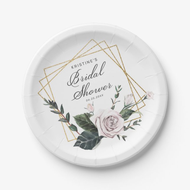 Modern Pink Rose Floral Gold Frame Bridal Shower Paper Plates (Front)