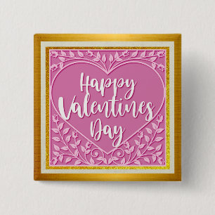 Modern Pink Rose Floral Heart Romantic Valentines Button