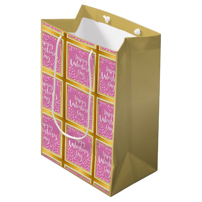 Modern Pink Rose Floral Heart Romantic Valentines Medium Gift Bag (Front Angled)
