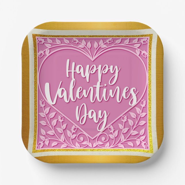 Modern Pink Rose Floral Heart Romantic Valentines Paper Plates (Front)