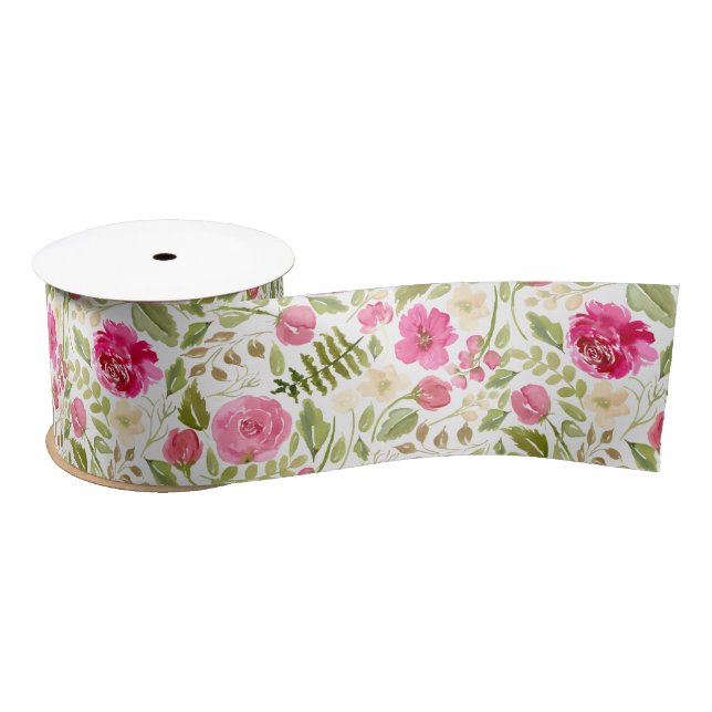 Modern pink rose florals satin ribbon (Spool)