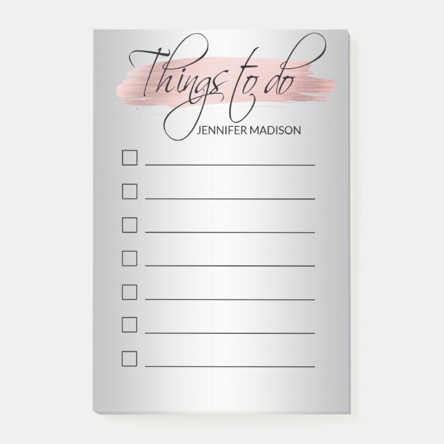 Modern Pink Rose Foil Silver THINGS TO DO Post-it Notes (Front)