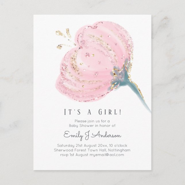Modern Pink Rose Glitter Its A Girl Baby Shower Postcard (Front)
