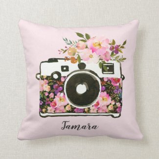 Modern Pink Rose Gold Floral Camera Photographer Throw Pillow