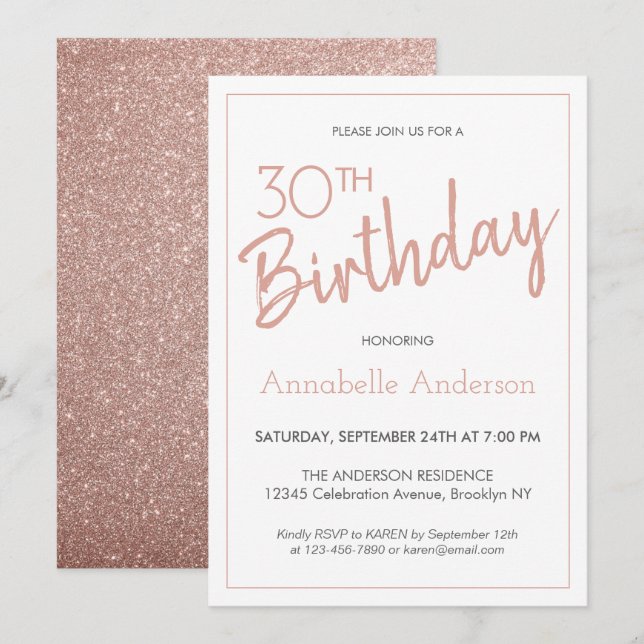 Modern Pink Rose Gold Glitter 30th Birthday Invitation (Front/Back)