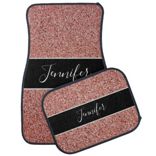Modern Pink Rose Gold Glitter Black Personalized Car Floor Mat
