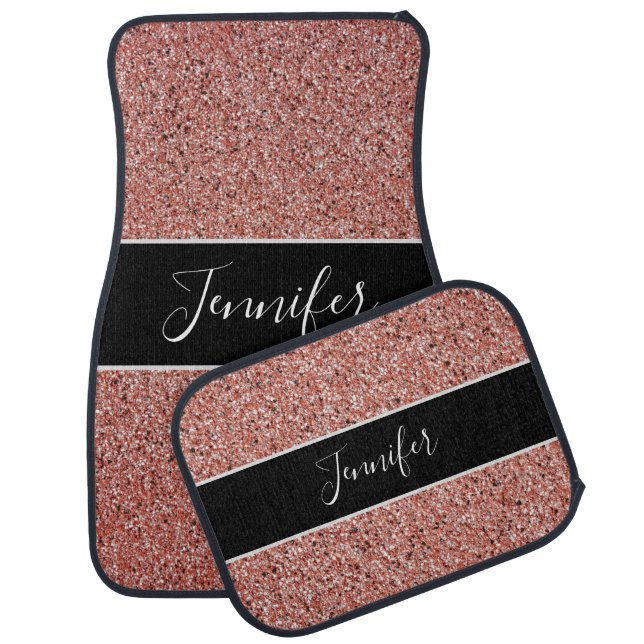 Modern Pink Rose Gold Glitter Black Personalized Car Floor Mat (Set)