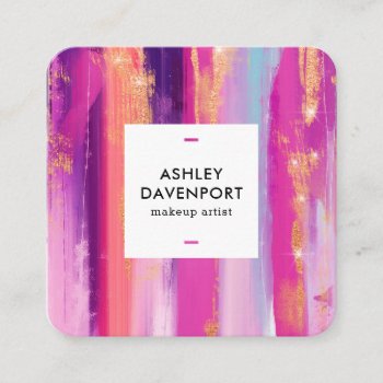 Modern Pink Rose Gold Glitter Brushstrokes Makeup Square Business Card by moodii at Zazzle