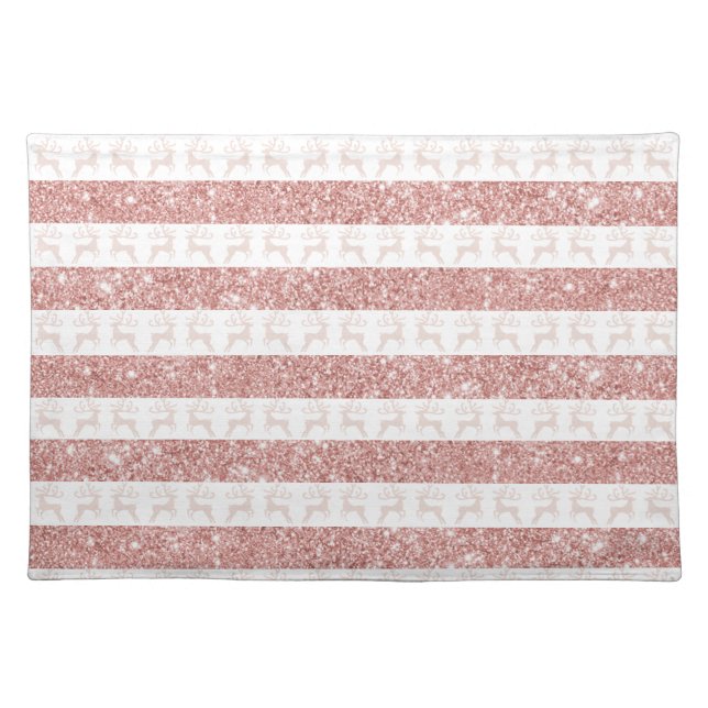 Modern Pink Rose Gold Glitter Christmas Reindeer Cloth Placemat (Front)