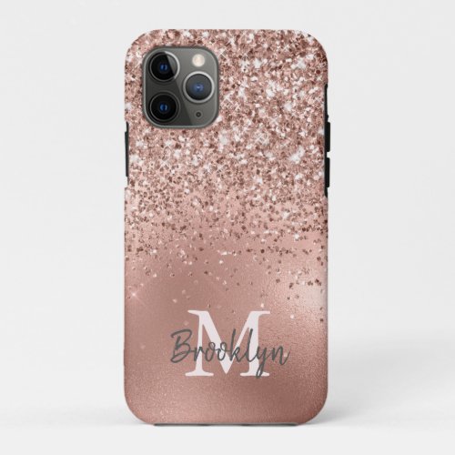 Modern Pink Rose Gold Glitter Confetti Monogram iPhone 11 Pro Case