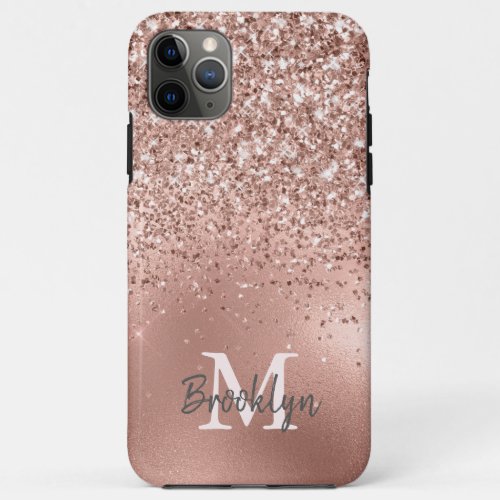 Modern Pink Rose Gold Glitter Confetti Monogram iPhone 11 Pro Max Case