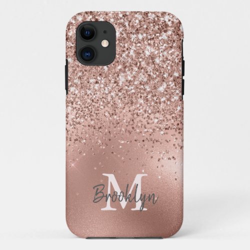 Modern Pink Rose Gold Glitter Confetti Monogrammed iPhone 11 Case