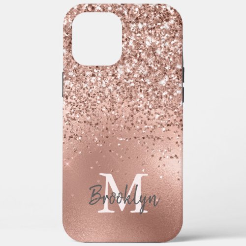 Modern Pink Rose Gold Glitter Confetti Monogrammed iPhone 12 Pro Max Case