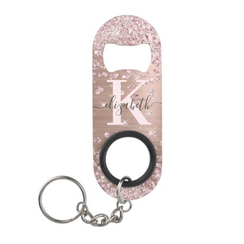 Modern Pink Rose Gold Glitter Diamond Monogram  Ke Keychain Bottle Opener