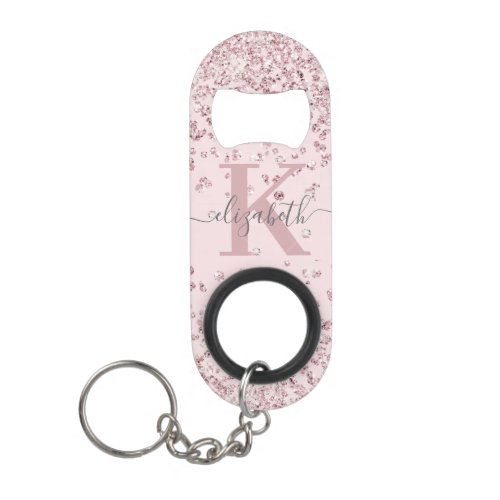 Modern Pink Rose Gold Glitter Diamond Monogram Key Keychain Bottle Opener