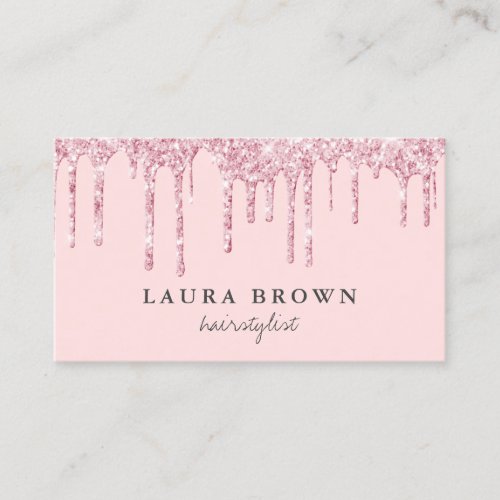 Modern pink rose gold glitter drips hairstylist  business card