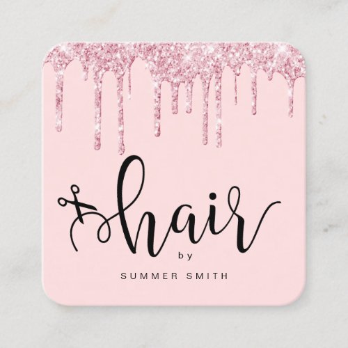 Modern pink rose gold glitter drips hairstylist square business card