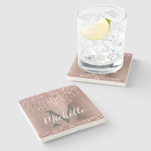 Modern Pink Rose Gold Glitter Drips Personalized Stone Coaster (Side)