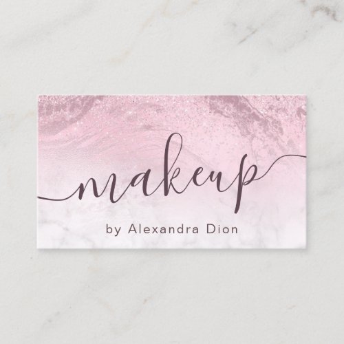 Modern pink rose gold glitter marble makeup artist business card