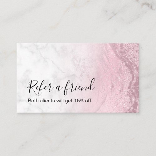 Modern pink rose gold glitter marble makeup artist referral card