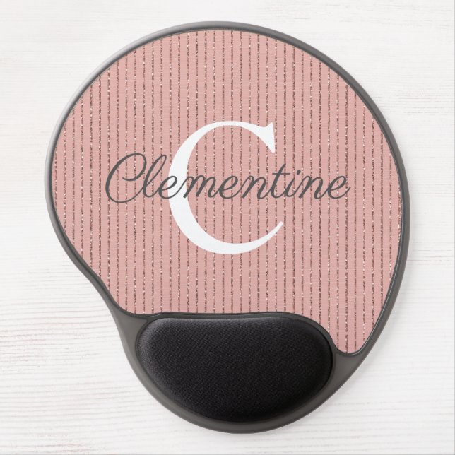 Modern Pink Rose Gold Glitter Stripes Monogram Gel Mouse Pad (Front)