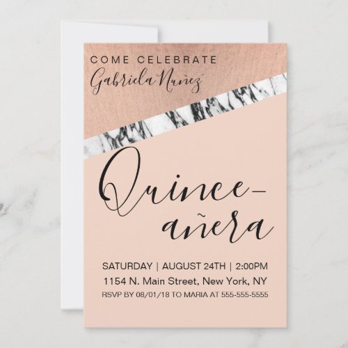 Modern Pink Rose Gold Marble Geometric Quinceaera Invitation