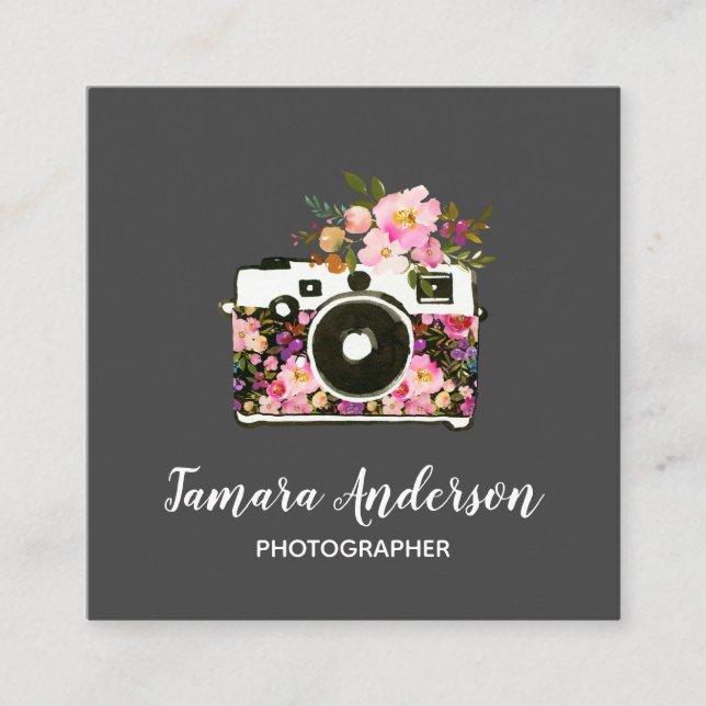 Modern Pink Rose Gray Floral Camera Photographer Square Business Card (Front)