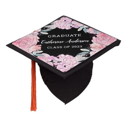 Modern Pink Rose Watercolor Floral Script Black Graduation Cap Topper