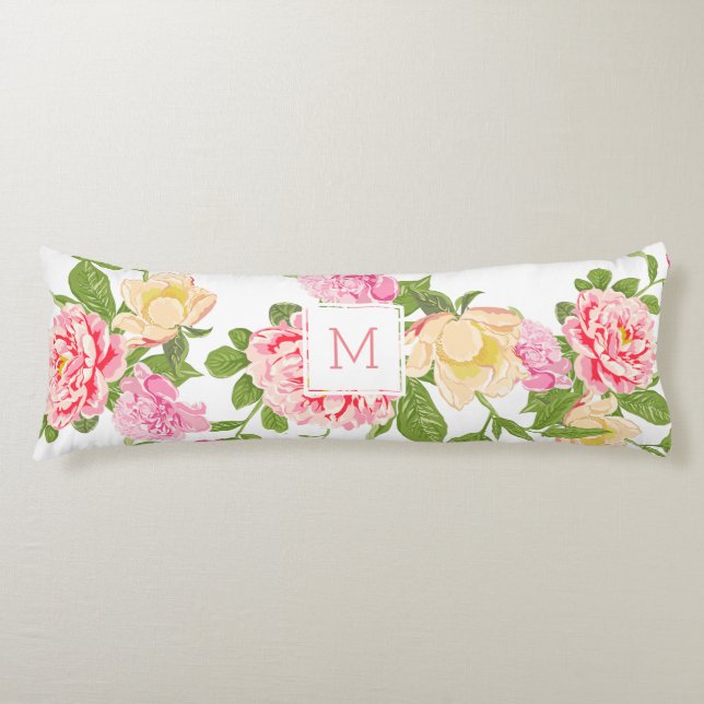 Modern Pink Roses 7 Yellow Flower Illustration Body Pillow (Front)
