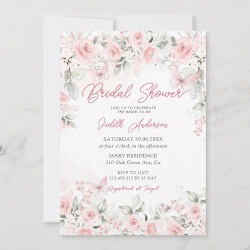 Modern Pink Roses Butterfly Bridal Shower  Invitation