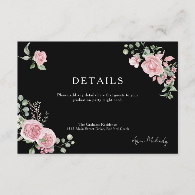 Modern Pink Roses Details Graduation Enclosure Card (Front)