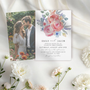Modern Pink Roses & Eucalyptus Watercolor Wedding Invitation