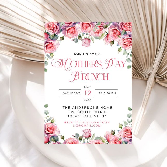 Modern Pink Roses Floral Mothers Day Brunch Invitation (Creator Uploaded)