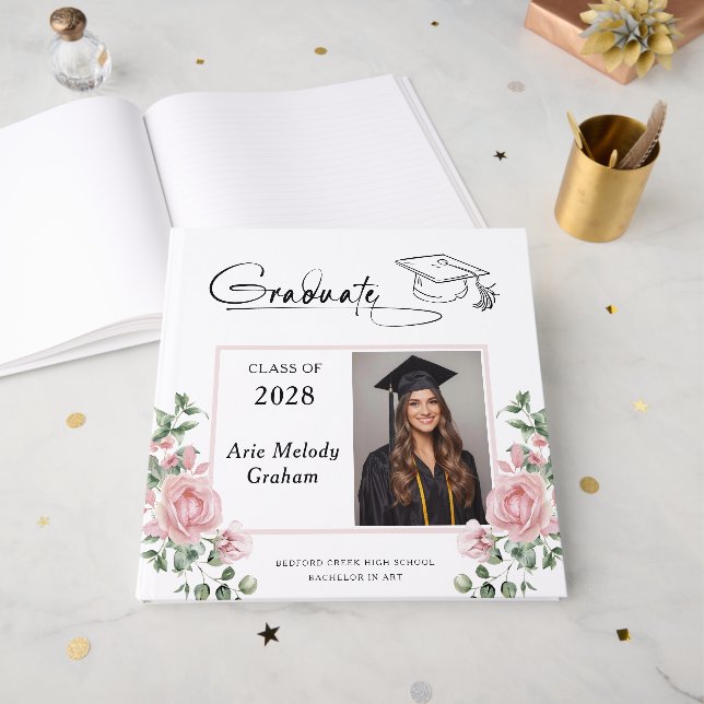 Modern Pink Roses Graduation 2 Photo Guest Book (Front Open)