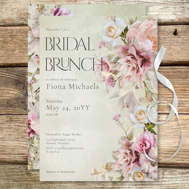 Modern Pink Roses & Lilies Green Bridal Brunch Invitation (Delicate Modern Pink Rose & Lily Green Bridal Brunch Invitation)