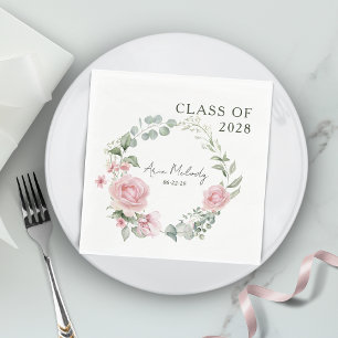 Modern Pink Roses Script Class of Graduation Napkins