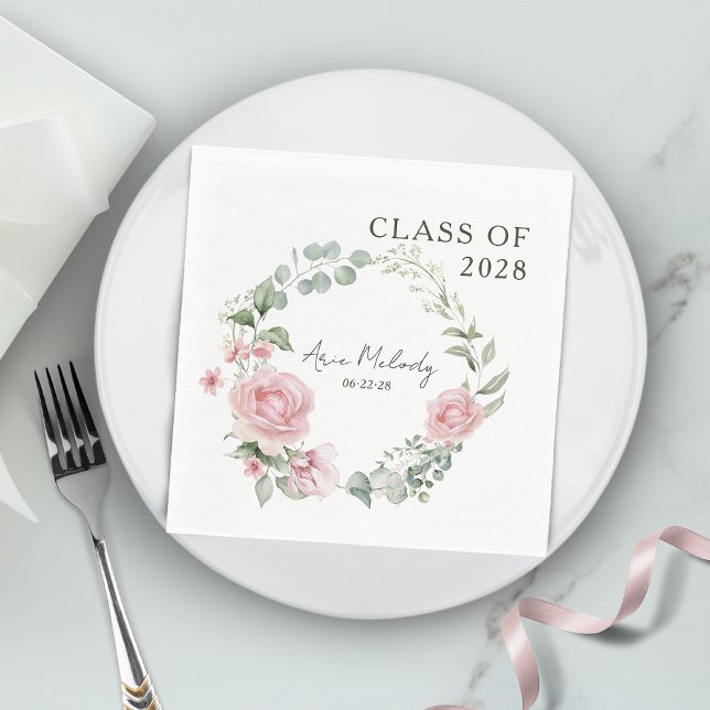 Modern Pink Roses Script Class of Graduation Napkins (Creator Uploaded)