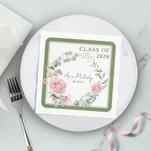 Modern Pink Roses Script Class of Graduation Napkins