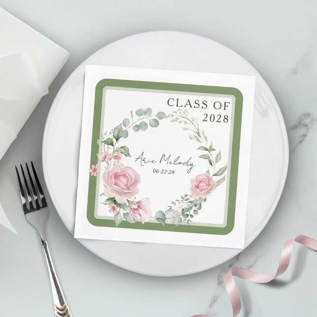 Modern Pink Roses Script Class of Graduation Napkins (Creator Uploaded)