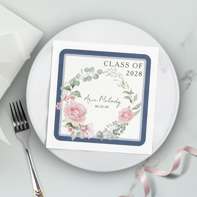 Modern Pink Roses Script Class of Graduation Napkins (Creator Uploaded)