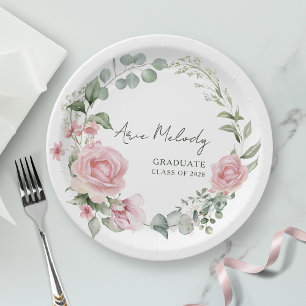 Modern Pink Roses Script Class of Graduation Paper Plates