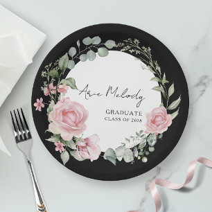 Modern Pink Roses Script Class of Graduation Paper Plates