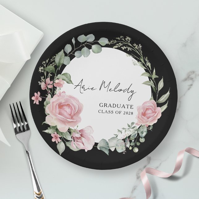 Modern Pink Roses Script Class of Graduation Paper Plates (Creator Uploaded)