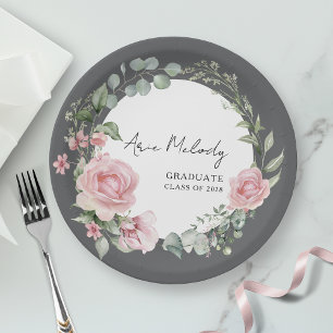 Modern Pink Roses Script Class of Graduation Paper Plates