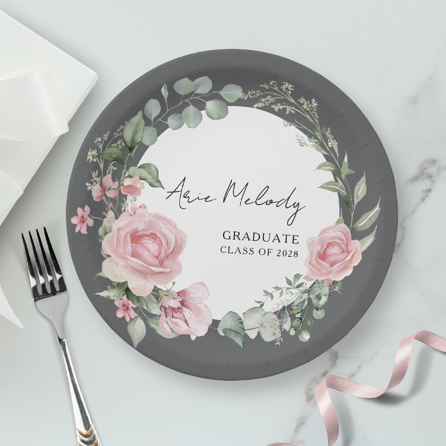 Modern Pink Roses Script Class of Graduation Paper Plates (Creator Uploaded)