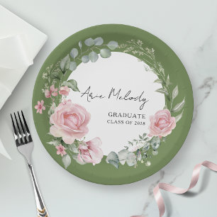 Modern Pink Roses Script Class of Graduation Paper Plates