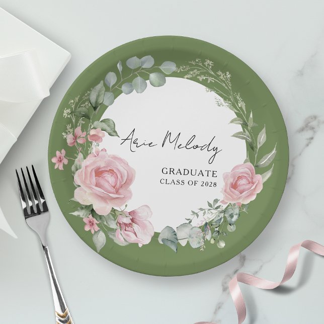 Modern Pink Roses Script Class of Graduation Paper Plates (Creator Uploaded)