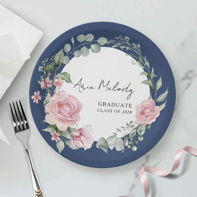 Modern Pink Roses Script Class of Graduation Paper Plates (Creator Uploaded)